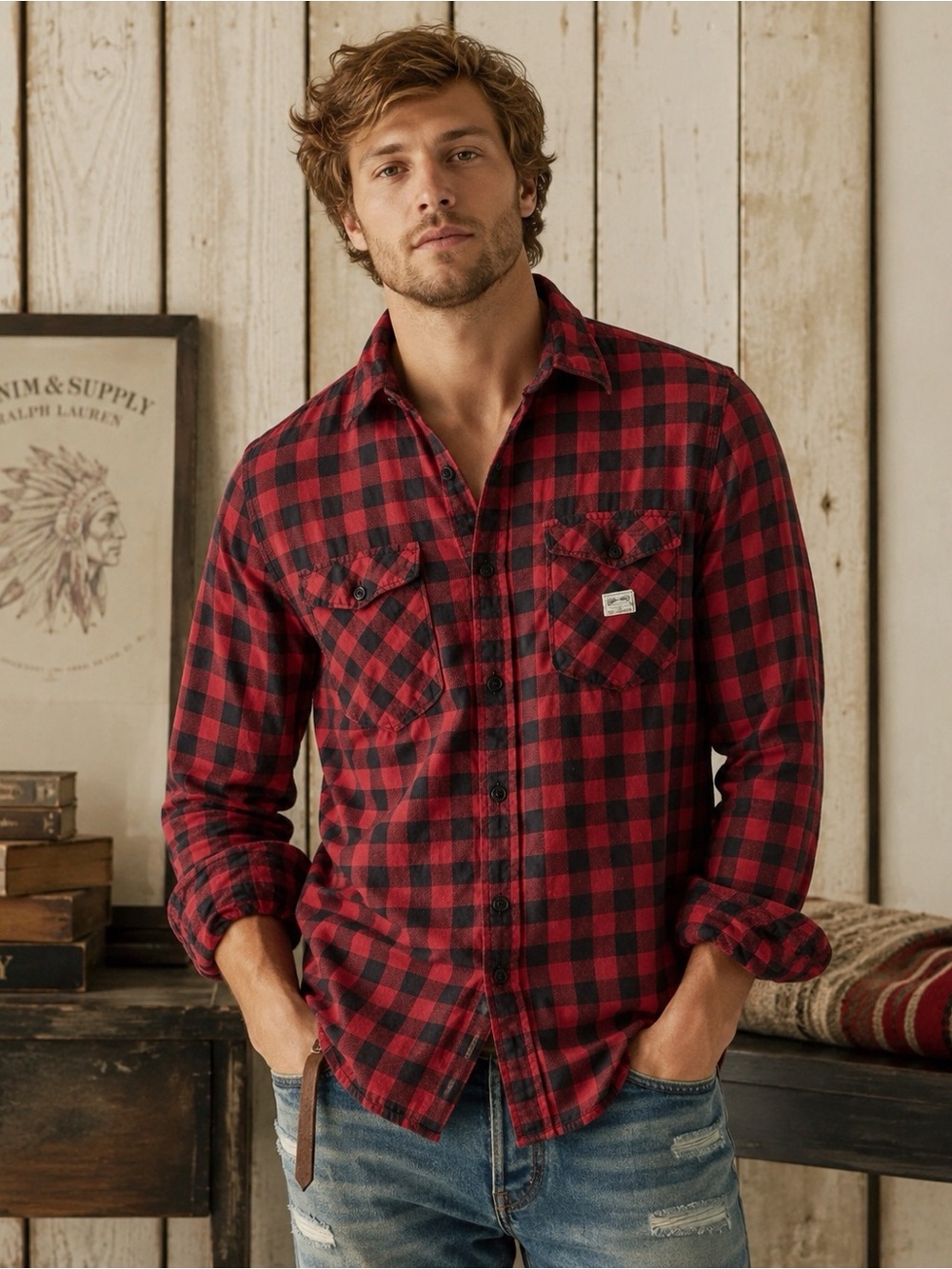 VTG Denim & Supply Ralph Lauren Men Red Plaid Button Down Shirt MEDIUM Western